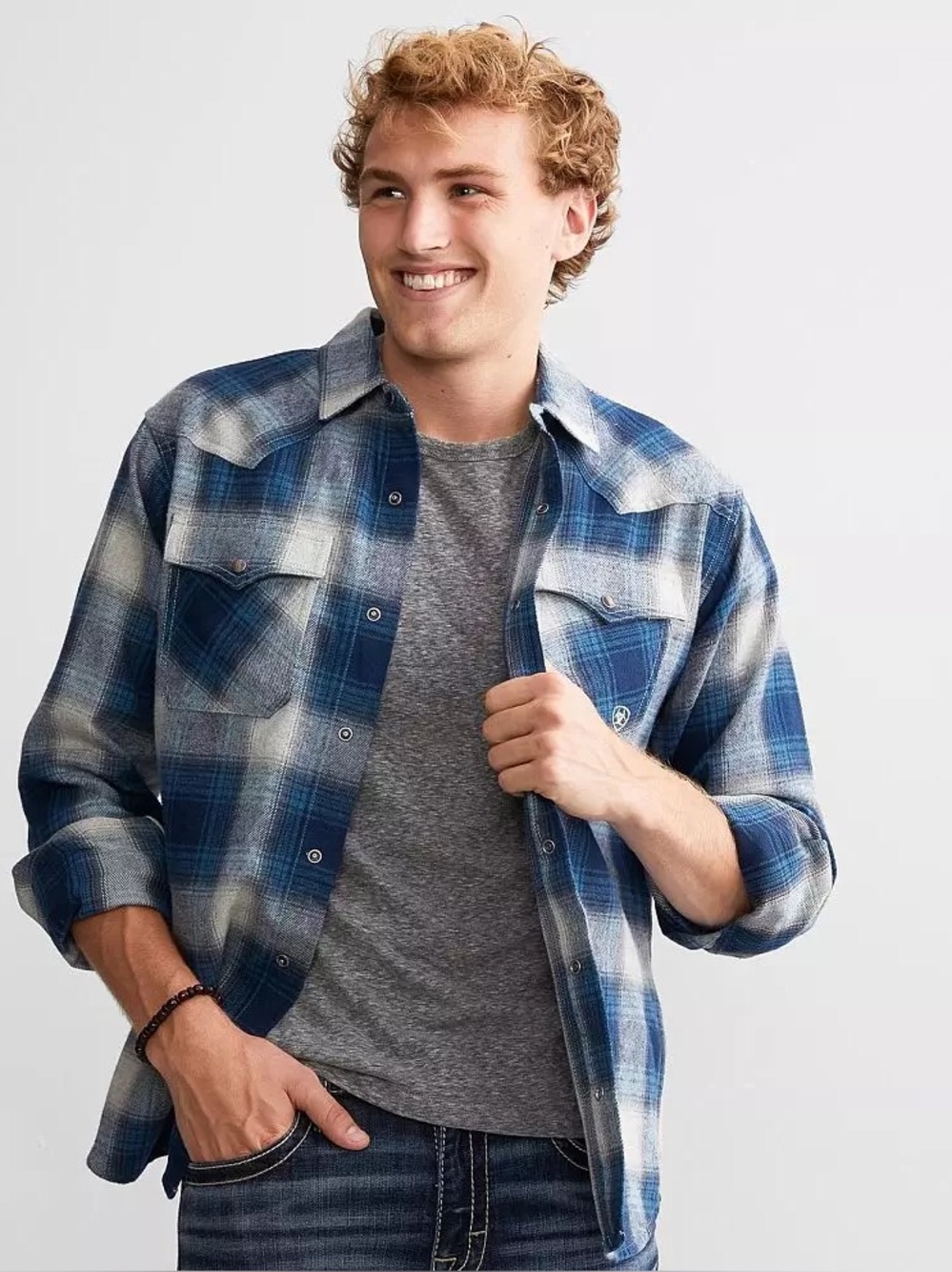 Ariat Mens size XL Halston Blue Gray Retro Snap Down Long Sleeve Flannel Shirt